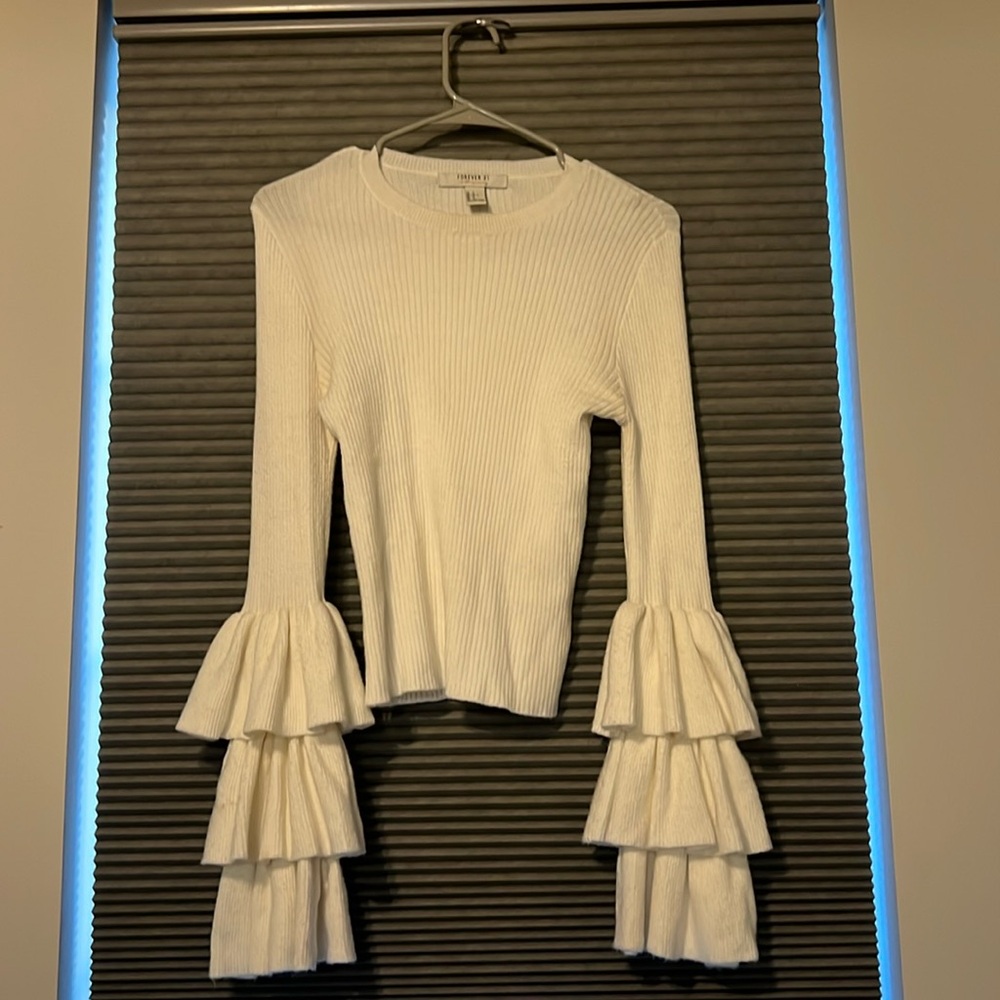 White Sweater with Ruffled Sleeves